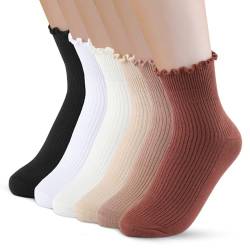 PRAOAHEI Socken mit Rüschen Damen 6 Paar Crew Premium-Baumwolle Stricken Gestrickt Weiche Atmungsaktive Niedlich Geschenk für Frauen Mädchen Liebhaber Geliebte, Gemischte Farben von PRAOAHEI