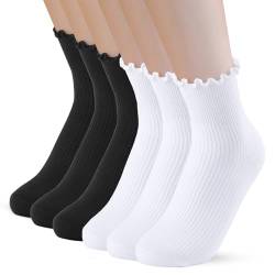 PRAOAHEI Socken mit Rüschen Damen 6 Paar Crew Premium-Baumwolle Stricken Gestrickt Weiche Atmungsaktive Niedlich Geschenk für Frauen Mädchen Liebhaber Geliebte, Schwarz+Weiß von PRAOAHEI