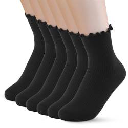 PRAOAHEI Socken mit Rüschen Damen 6 Paar Crew Premium-Baumwolle Stricken Gestrickt Weiche Atmungsaktive Niedlich Geschenk für Frauen Mädchen Liebhaber Geliebte, Schwarz von PRAOAHEI