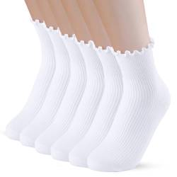 PRAOAHEI Socken mit Rüschen Damen 6 Paar Crew Premium-Baumwolle Stricken Gestrickt Weiche Atmungsaktive Niedlich Geschenk für Frauen Mädchen Liebhaber Geliebte, Weiß von PRAOAHEI