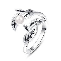 925 Sterling Silber Mondstein Ring Blattring für Frauen Ring für Mädchen Finger Leaf Ring Weihnachten Geschenk (Blätter Perle ring) von PRAYMOS