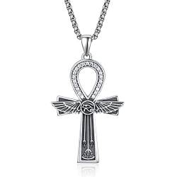 PRAYMOS Ankh Kette 925 Sterling Silber Auge des Horus Anhänger Halskette Ägyptische Kreuz Rreligiösen Schutz Schmuck Geschenk für Herren(B01-Ankh) von PRAYMOS