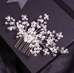 Braut Stirnband Frauen Braut Hochzeit handgefertigtes goldene Kristallperlen Blume Haar Kamm besondere Anlässe Kopfstückhaarzubehör for Frauen (Color : Silver) von PREETH