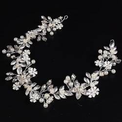 Braut Stirnband Rhinesstone handgefertigt Vintage silberne Blattblatt Floral Perle Braut Haarband Hair Vine Hochzeit Haarzubehör Frauen Kopfschmuck (Color : Silver) von PREETH