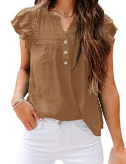 PRETTODAY Damen V-Ausschnitt Spitze Häkeln Shirts Button Down Kurzarm Casual Bluse Tops, Braun, Klein von PRETTODAY