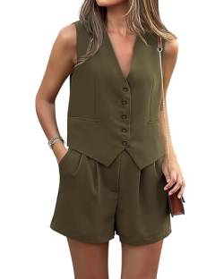 PRETTYGARDEN 2-teiliges Sommer-Outfit für Damen, V-Ausschnitt, ärmellos, Button-Down-Weste, Shorts, Set, Business, Arbeit, passendes Set 2024, Solides Armeegrün, Mittel von PRETTYGARDEN