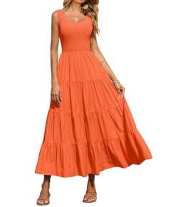 PRETTYGARDEN Damen 2023 Casual Lose Einfarbig Maxi Sommerkleid Gesmokt Tank Kleid Ärmellos Sommer Strand Stufened Lange Kleider, Orange/Abendrot im Zickzackmuster (Sunset Chevron), Mittel von PRETTYGARDEN