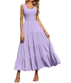 PRETTYGARDEN Damen 2023 Casual Lose Einfarbig Maxi Sommerkleid Gesmokt Tank Kleid Ärmellos Sommer Strand Stufened Lange Kleider, Violett, X-Groß von PRETTYGARDEN