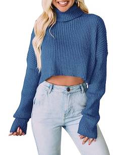 PRETTYGARDEN Damen 2023 Herbst Winter Rollkragen Cropped Pullover Kausal Rippstrick Langarm Pullover Pullover Tops, Blau, Klein von PRETTYGARDEN