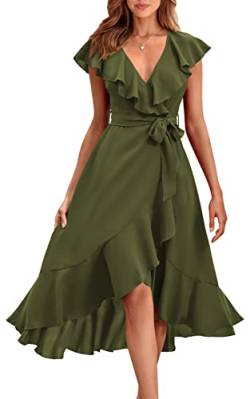 PRETTYGARDEN Damen 2023 Sommer Wrap Maxikleid Casual Boho Tiefer V-Ausschnitt Kurzarm Rüschen Saum Split Strand Lange Kleider, Grün (Army Green), XX-Large von PRETTYGARDEN