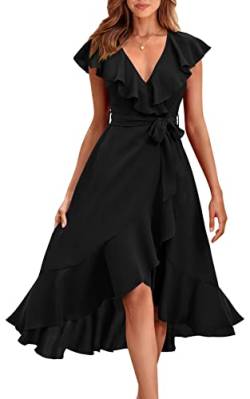 PRETTYGARDEN Damen 2023 Sommer Wrap Maxikleid Casual Boho Tiefer V-Ausschnitt Kurzarm Rüschen Saum Split Strand Lange Kleider, Schwarz, Klein von PRETTYGARDEN