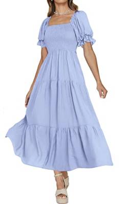 PRETTYGARDEN Damen Boho Blumendruck Sommerkleider Quadratischer Ausschnitt Puffärmel A Linie Langes Kleid Gesmokt Casual Maxikleid, Einfarbig Hellblau, Groß von PRETTYGARDEN