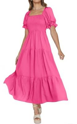 PRETTYGARDEN Damen Boho Blumendruck Sommerkleider Quadratischer Ausschnitt Puffärmel A Linie Langes Kleid Gesmoktes Casual Maxikleid, Massives Rosenrot, Groß von PRETTYGARDEN