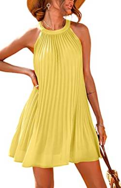 PRETTYGARDEN Damen Nette Neckholder Ärmellos Minikleid Einfarbig Flowy Plissee Strandkleid Sommerkleid, gelb, X-Groß von PRETTYGARDEN