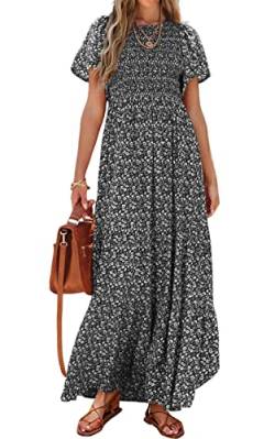 PRETTYGARDEN Damen Sommer Casual Flutter Kurzarm Boho Floral Maxikleid Rundhals Gesmokte Stufenkleider Lange Kleider, Schwarz, Klein von PRETTYGARDEN