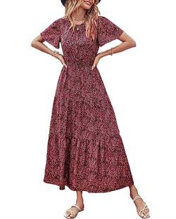 PRETTYGARDEN Damen Sommer Casual Kurze Flatterärmel Rundhals Gesmokte Taille Stufened Boho Floral Flowy Maxikleid, Blumenmuster in Schwarz und Rot., Mittel von PRETTYGARDEN