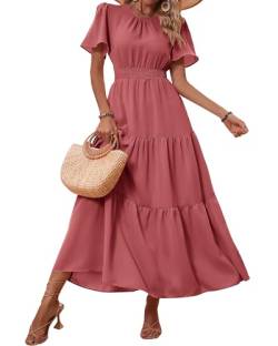 PRETTYGARDEN Damen Sommer Casual Kurze Flatterärmel Rundhals Gesmokte Taille Stufened Boho Floral Flowy Maxikleid, Feste Bohnenpaste, Rot, Mittel von PRETTYGARDEN