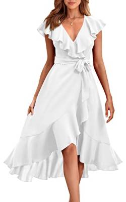 PRETTYGARDEN Damen Sommer Wrap Maxikleid Casual Boho Tiefer V-Ausschnitt Kurzarm Rüschensaum Split Strand Lange Kleider, Weiss/opulenter Garten, Groß von PRETTYGARDEN