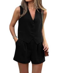 PRETTYGARDEN Frauen Sommer 2 Stück Outfits V-Ausschnitt Ärmellos Knopfleiste Weste Shorts Sets Business Arbeit Passende Set 2024, Einfarbig Schwarz, Groß von PRETTYGARDEN