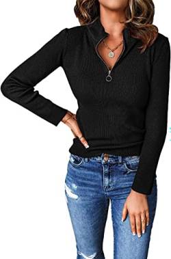 PRETTYGARDEN Herbst Viertel Reißverschluss Pullover Pullover für Frauen 2023 Langarm Kragen Fitted Rippstrick Tops, Schwarz, Klein von PRETTYGARDEN