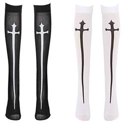 PRETYZOOM 2 Paare Gothic Cross Oberschenkel Hohe Strümpfe Undurchsichtige Strumpfhosen Nonne Cosplay Strümpfe Halloween Kostüm für Frauen Teen Mädchen (Schwarz Weiß) von PRETYZOOM