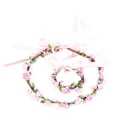 PRETYZOOM 2 Stück Blumenkranz Armband Stirnband Set Blumenarmband Party Kopfschmuck Zubehör für Frauen Damen Hochzeitstag (Rosa) von PRETYZOOM