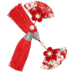 PRETYZOOM 2 Stück Chinesische Japanische Haarspangen Fächerform Haarnadel Quaste Kimono Blumen-Haarspange Hanfu-Haar-Styling-Ornament Für Frauen Und Mädchen Rot von PRETYZOOM