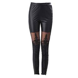 PRETYZOOM Gothic Punk Hose Röhrenhose Leder Leggings Spitze Spleißen Hoch Taillierte Leggings für Lady Woman (Schwarz) von PRETYZOOM