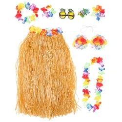 PRETYZOOM Hula Rock Kostüm Zubehör für Hawaii Luau Party Tanzen Hula mit Blume Bikini Top Hawaii Leis Hibiskus Haarspange Ananas Sonnenbrille 8 Stück (60Cm Rock Stroh Farbe) von PRETYZOOM