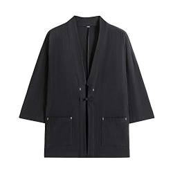 PRIJOUHE Herren Japanische Mode Kimono Cardigan Plus Size Jacke Yukata Casual Baumwolle Leinen Sieben Ärmel Leicht - Schwarz - X-Large von PRIJOUHE