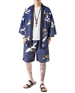 PRIJOUHE Herren Japanischer Stil Kimono Tops Hosen Sets Leicht Casual Sieben Ärmel Open Front Cardigan & Shorts, Blau 2-08, X-Large von PRIJOUHE