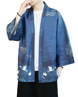 PRIJOUHE Herren Kimono Cardigan Jacke Japanischen Stil Fliegende Kranich Sieben Ärmel Offene Front Mantel, Marineblau-12, S von PRIJOUHE