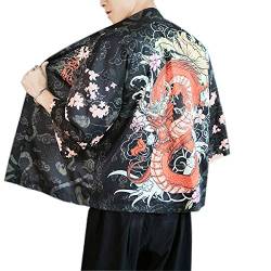 PRIJOUHE Herren Kimono Cardigan Jacke Japanischer Stil Flying Crane Sieben Ärmel Vorne Offen Mantel - Schwarz - Large von PRIJOUHE
