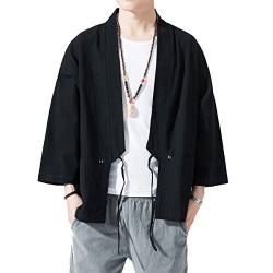 PRIJOUHE Herren Kimono Jacken Cardigan Leicht Casual Baumwollmischungen Leinen Sieben Ärmel Offene Vorderseite Mantel Outwear, C-schwarz 2, L von PRIJOUHE