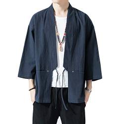 PRIJOUHE Herren Kimono Jacken Cardigan Leichte Casual Baumwollmischung Leinen sieben Ärmel Offene Vorderseite Mantel Outwear - Blau - Medium von PRIJOUHE