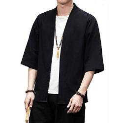 PRIJOUHE Herren Kimono Jacken Cardigan Leichte Casual Baumwollmischung Leinen sieben Ärmel Offene Vorderseite Mantel Outwear - Schwarz - Large von PRIJOUHE