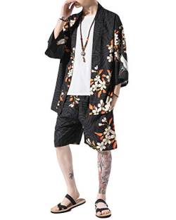 PRIJOUHE Herren Kimono-Top / Hose, japanischer Stil, leicht, lässig, 7 Ärmel, vorne offen, Cardigan und Shorts - Schwarz - Groß von PRIJOUHE