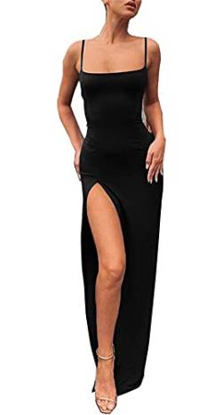 PRIMODA Damen Spaghettiträger Rückenfrei Oberschenkel Hoch Schlitz Bodycon Maxi Lang Kleid Club Party Kleid - Schwarz - Klein von PRIMODA