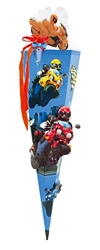 Motorrad RENNEN - CROSSRIDER Schultüte 85cm 3D-SCHNELL BASTELTÜTE vorgefertigt Stabiler Tütenkorpus KOMPLETT MIT SCHULTÜTENSCHMUCK-Set - Blau von PRIMUS-Versand