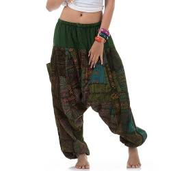 PRINCESS OF ASIA Patchwork Jeans Haremshose Aladinhose Pumphose Buddha Hose für Damen & Herren (One Size, Grün) von PRINCESS OF ASIA