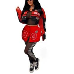 PRIVIMIX Frauen Varsity Jacke Abnehmbarer Rock Set 2 Stück Motorrad Biker Rennen Auto Fahrer Kostüm Cropped Bomber Streetwear, Rot/Ausflug, einfarbig (Getaway Solids), S von PRIVIMIX