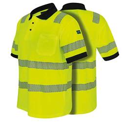 PRO FIT Warnschutz Poloshirt – Atmungsaktives Kurzarm-Polo Shirt, hohe Sichtbarkeit durch auflaminierte Reflexstreifen, mit UV-Schutz - Neongelb/Grau, Gr. 3XL von PRO FIT