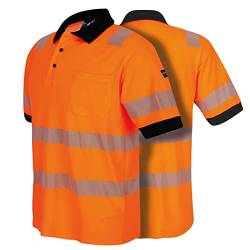 PRO FIT Warnschutz Poloshirt – Atmungsaktives Kurzarm-Polo Shirt, hohe Sichtbarkeit durch auflaminierte Reflexstreifen, mit UV-Schutz - Orange/Grau, Gr. M von PRO FIT