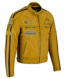 PRO FUTURE Motorradjacke aus Leder für Herren ASPIDEX Vintage Custom & Café Race Harley Stil, gelb, L von PRO FUTURE