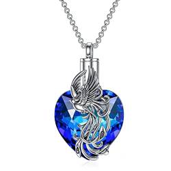 PROESS 925 Sterling Silber Phönix Halskette Feuerbestattungs Urne Halskette für Asche, Blau Herz Kristall Urne Kette für Asche für Frauen Gedenkschmuck von PROESS