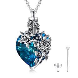 PROESS 925 Sterling Silber Rose Blume Feuerbestattung Halskette für Asche Blaues Herz Kristall Urne Halskette für Asche für Frauen Gedenkschmuck von PROESS