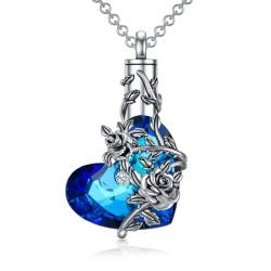 PROESS 925 Sterling Silber Rose Blume Feuerbestattung Halskette für Asche Blaues Herz Kristall Urne Halskette für Asche für Frauen Gedenkschmuck von PROESS