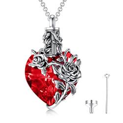 PROESS 925 Sterling Silber Rose Blume Feuerbestattung Halskette für Asche Rotes Herz Kristall Urne Halskette für Asche für Frauen Gedenkschmuck von PROESS