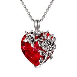 PROESS 925 Sterling Silber Rose Blume Halskette Rot Herz Kristall Halskette Rosen Schmuck für Ehefrau,Mama, Freundin, Geburtstag, Jahrestag, Geschenk von PROESS