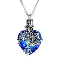 PROESS 925 Sterling Silber Sonnenblume Feuerbestattung Halskette für Asche Blaues Herz Kristall Urne Kette für Asche für Frauen Gedenkschmuck von PROESS